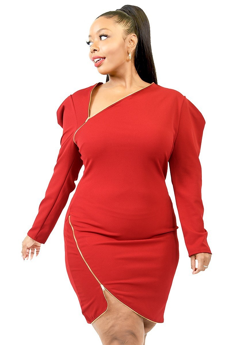 Plus Solid Zipper Trim Detail Mini Dress