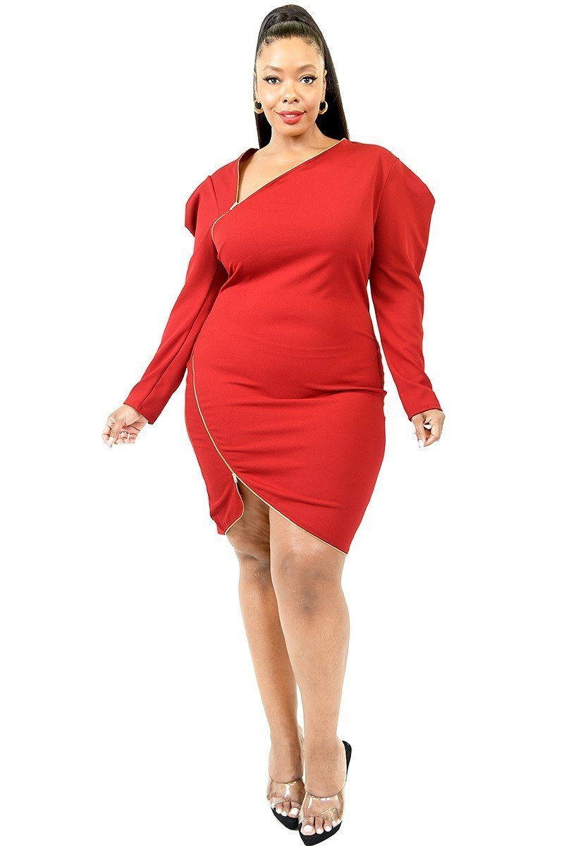 Plus Solid Zipper Trim Detail Mini Dress