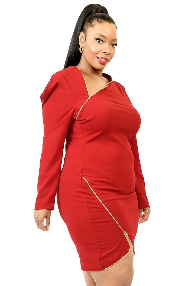 Plus Solid Zipper Trim Detail Mini Dress