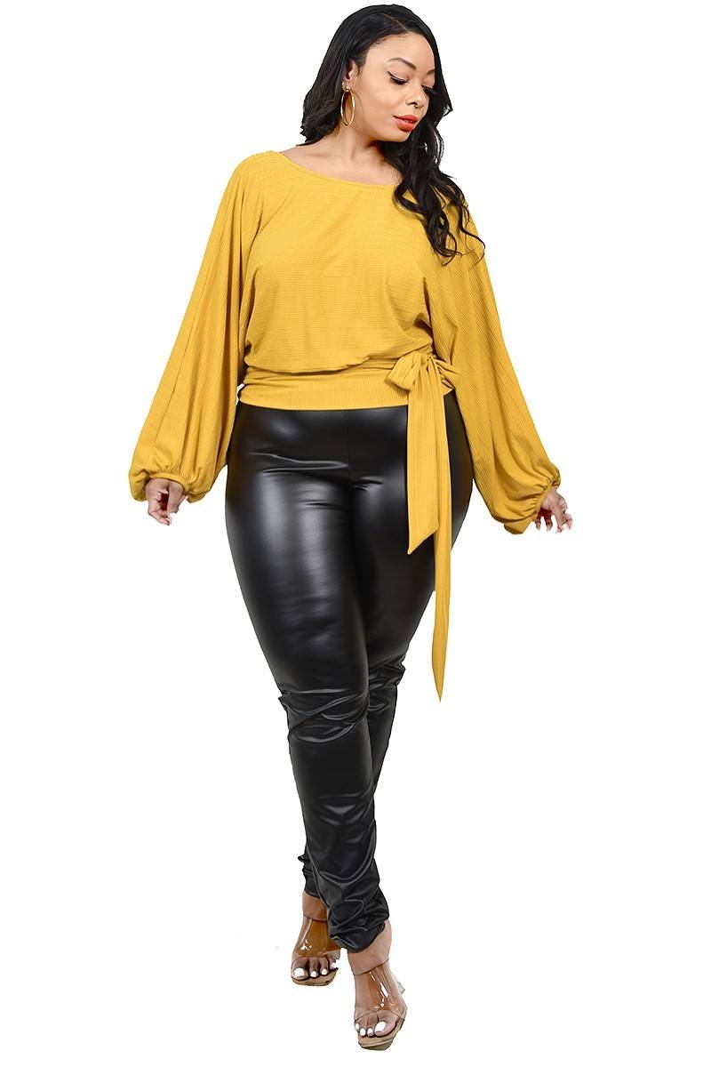 Plus Relaxed Long Sleeve Tie Waist Top