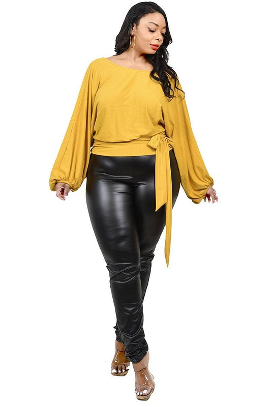 Plus Relaxed Long Sleeve Tie Waist Top