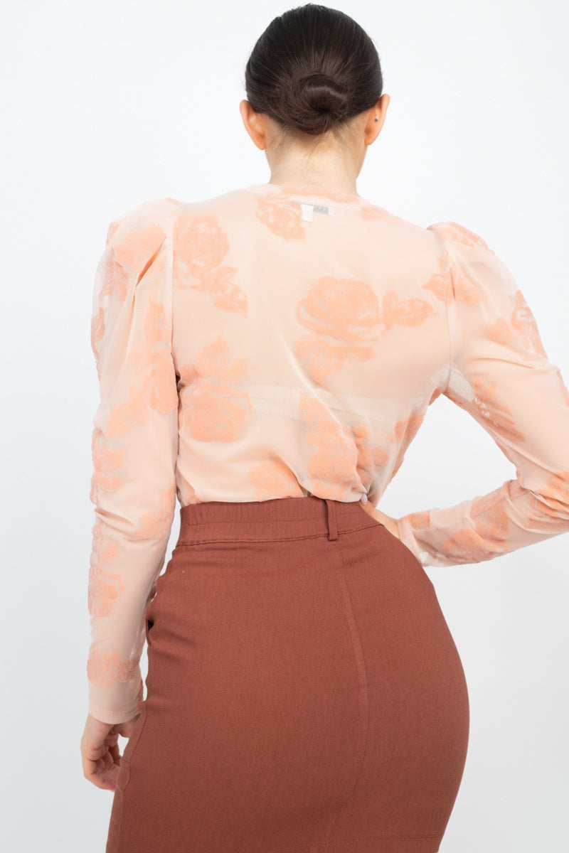 Floral-embroidered Long Puff Sleeves Top