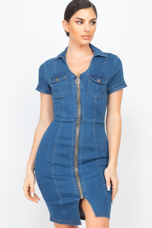 Zip Front Denim Mini Dress