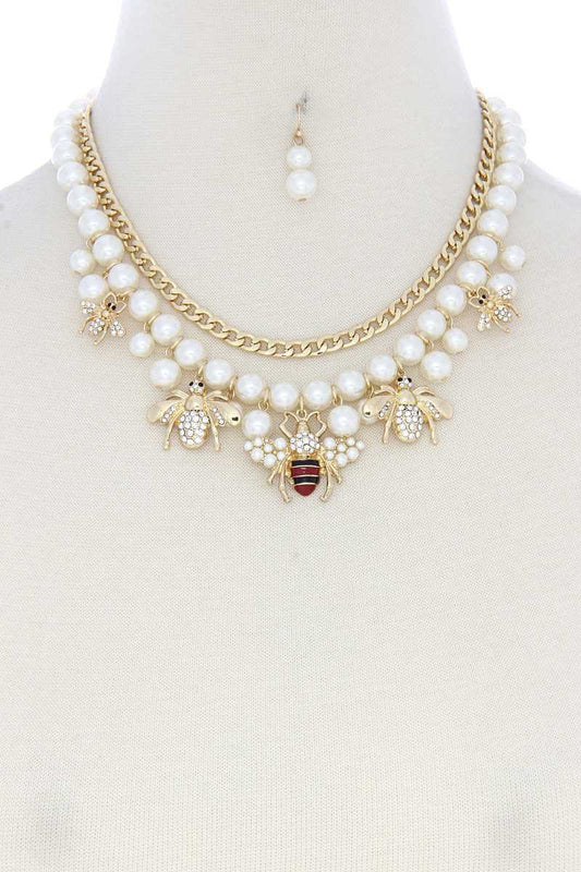 Bee Charm Pearl Bead Cuban Link Layered Necklace