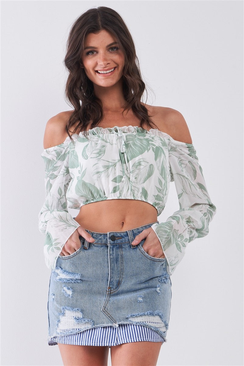 Leaf Print Off-the-shoulder Long Flounce Sleeve Self-tie Front Cropped Top