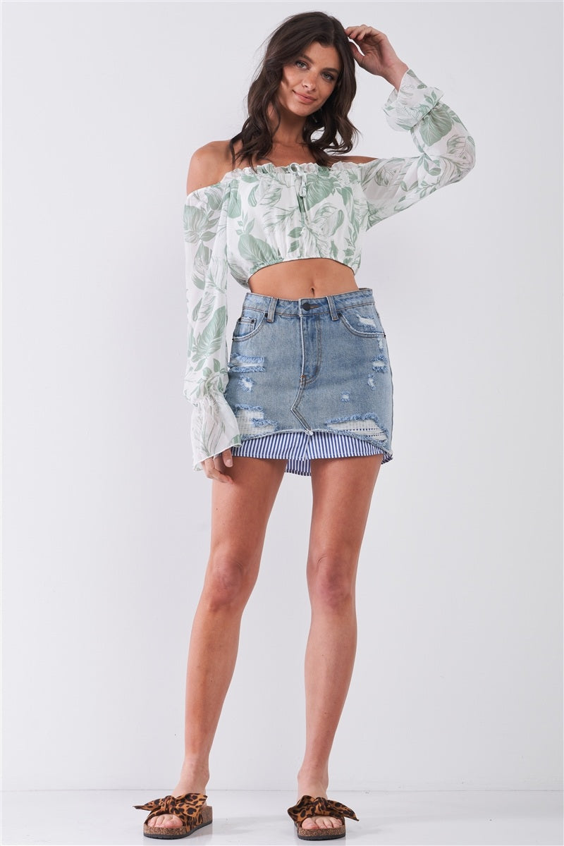 Leaf Print Off-the-shoulder Long Flounce Sleeve Self-tie Front Cropped Top