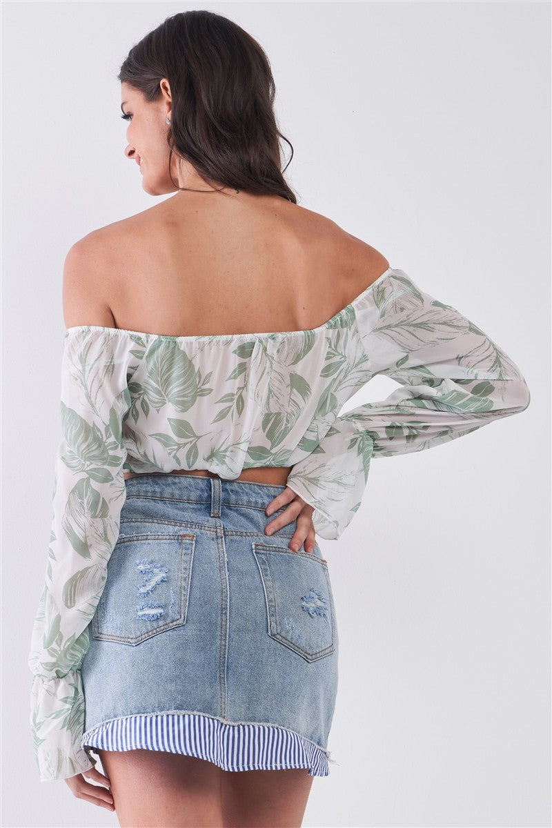 Leaf Print Off-the-shoulder Long Flounce Sleeve Self-tie Front Cropped Top