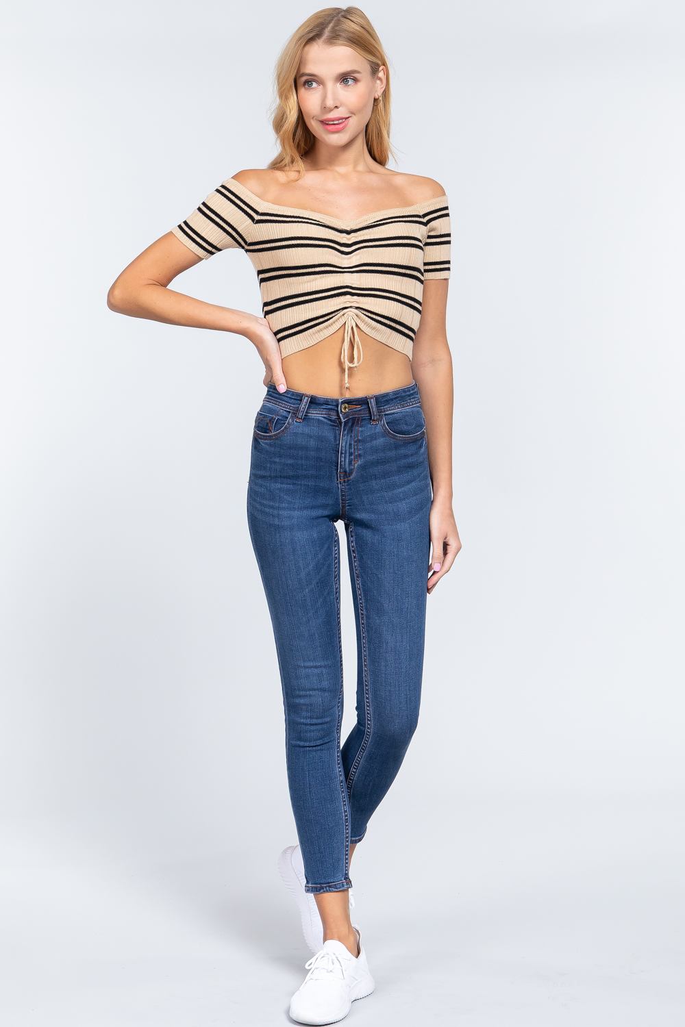 Off Shoulder Stripe Rib Sweater Top