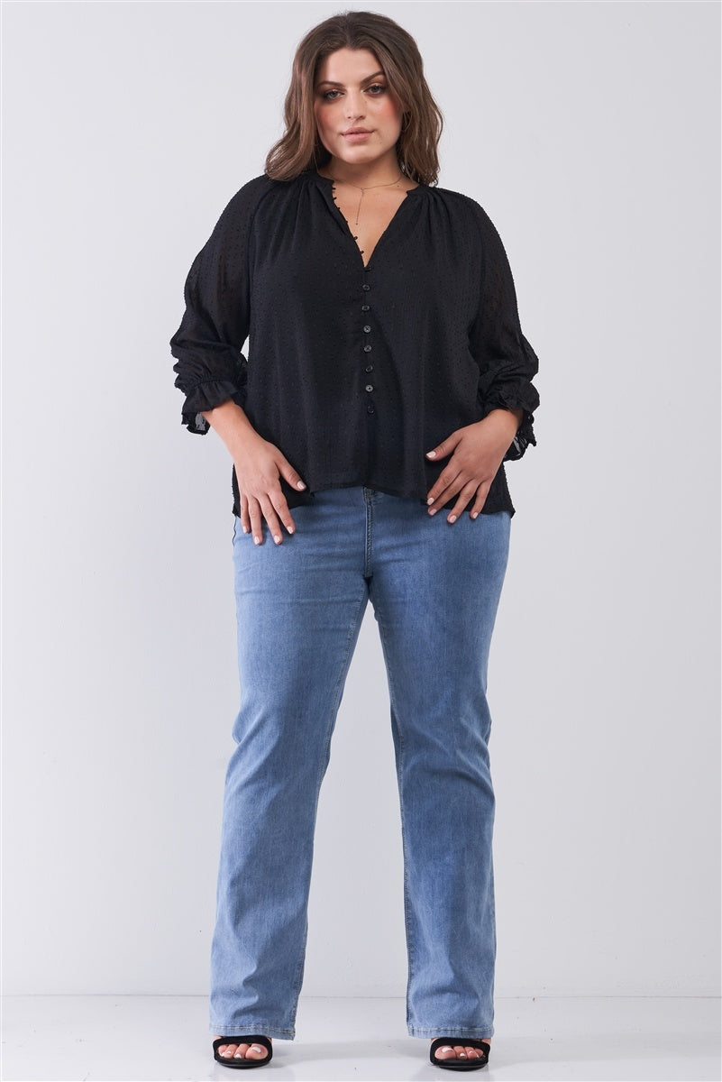 Plus Black Dotted Swiss V-neck Button Down Balloon Midi Sleeve With Elasticated Cuff Loose Fit Top