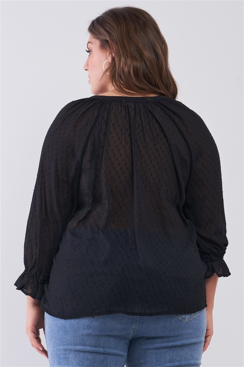 Plus Black Dotted Swiss V-neck Button Down Balloon Midi Sleeve With Elasticated Cuff Loose Fit Top
