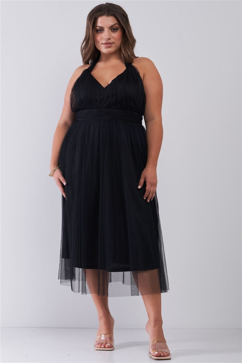 Plus Halter Neck Sleeveless Mesh High-waisted Midi Dress