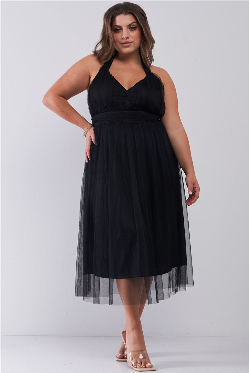 Plus Halter Neck Sleeveless Mesh High-waisted Midi Dress