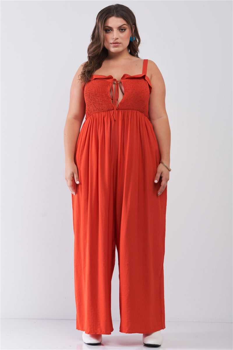 Plus Red Sleeveless Smocked Self-tie Neckline High-waisted Very Wide Leg Jumpsuit