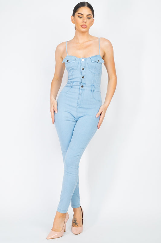 Adjustable Button-down Denim Jumpsuit