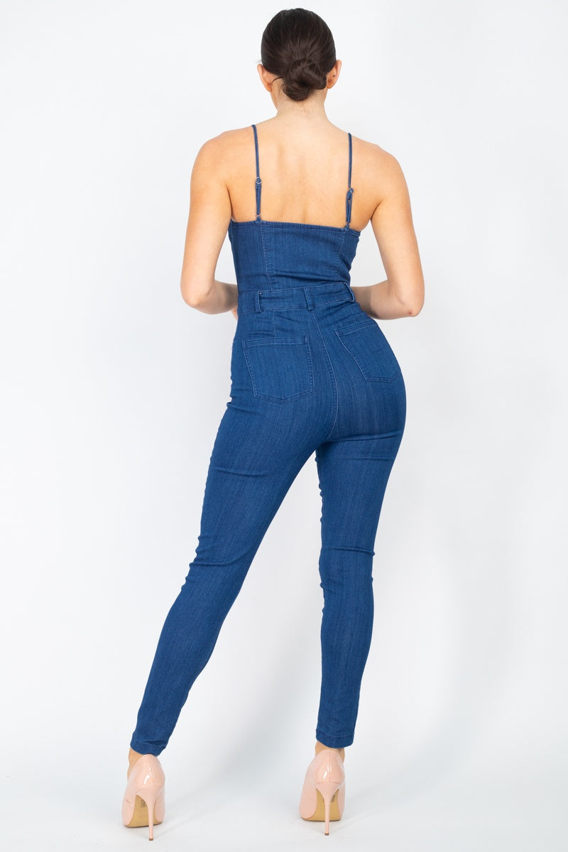 Adjustable Button-down Denim Jumpsuit