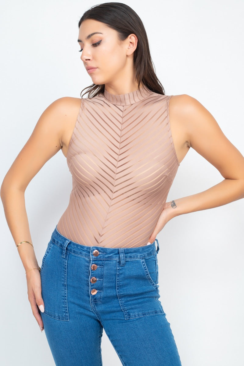Stripe Mesh Mock Neck Bodysuit