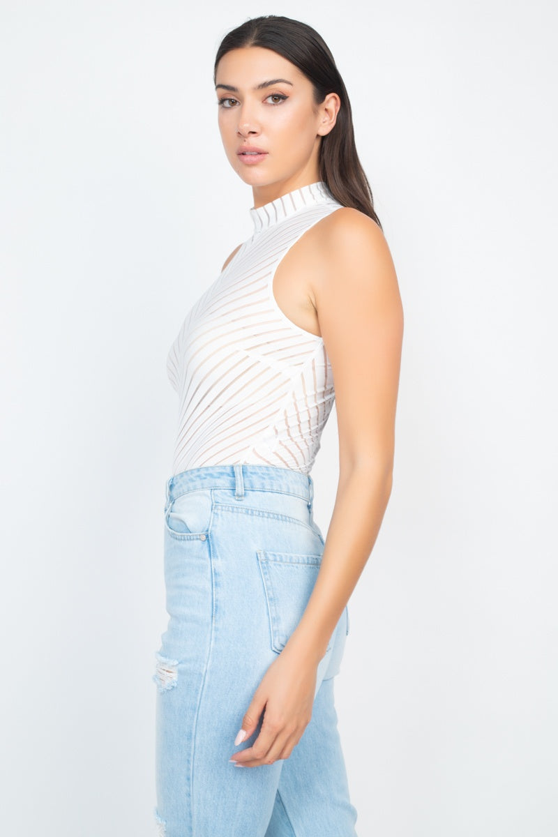 Stripe Mesh Mock Neck Bodysuit