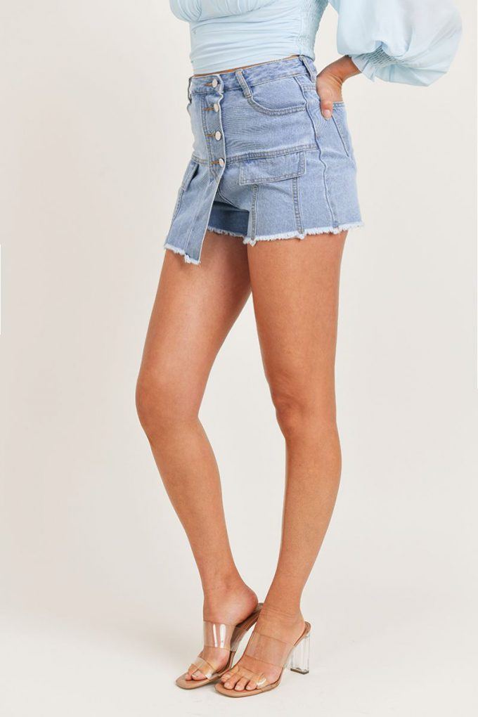 High Waisted Layered Denim Shorts With Pockets