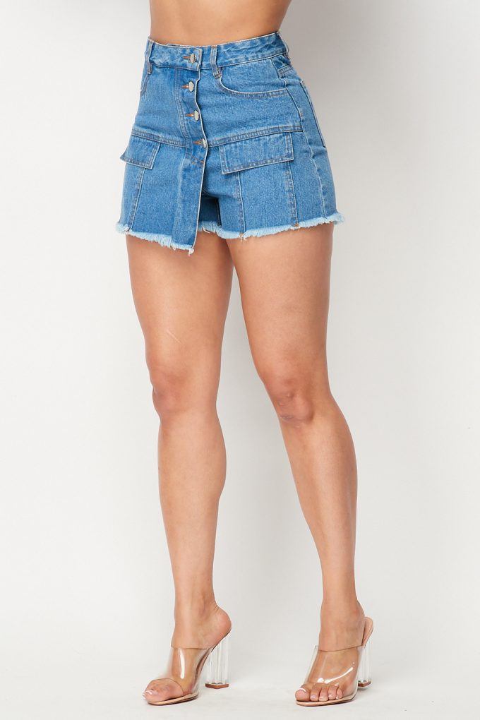 High Waisted Layered Denim Shorts With Pockets