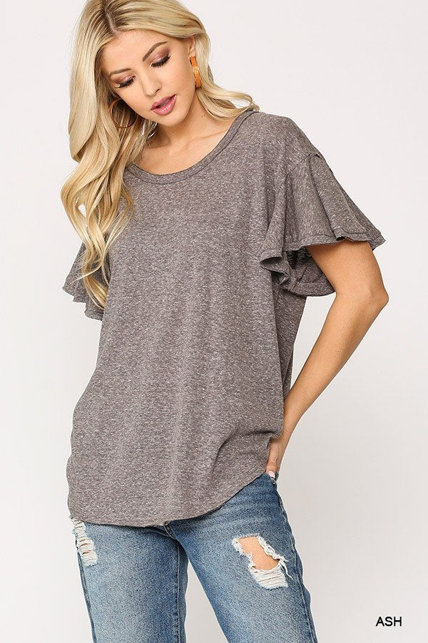 Solid Round Neck Frill Sleeve Top With Scoop Hem