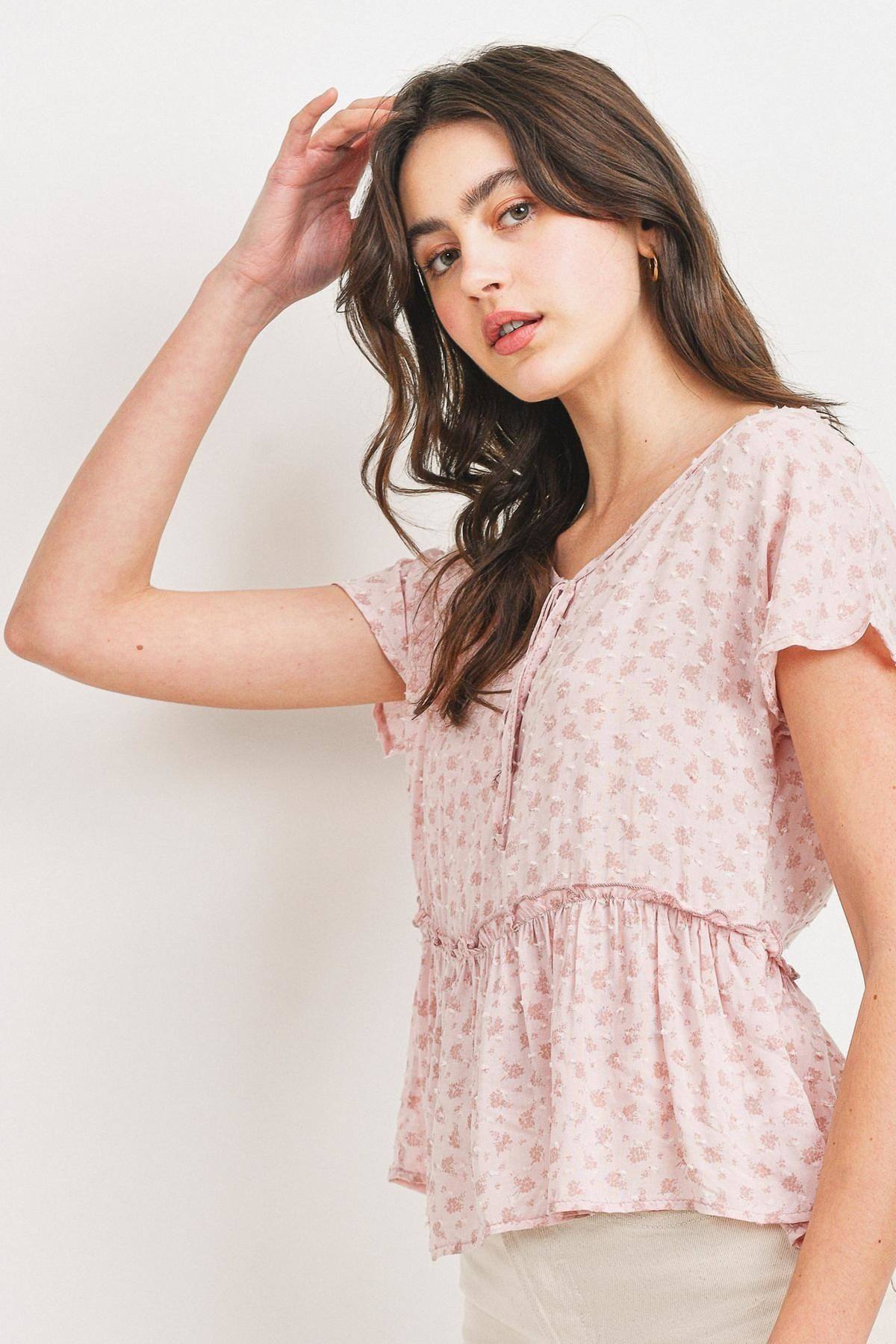 Printed Woven Front Tied Neck Flounce Short Sleeve Top