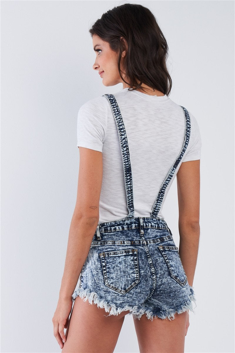 Denim Acid Washed Fringed Mini Short Overall