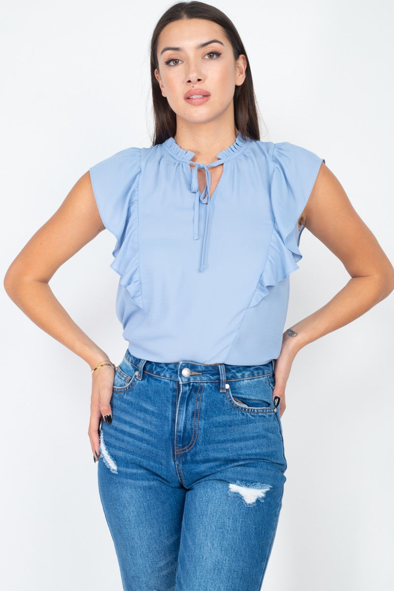 Ruffled Sleeves Mock Neck Top