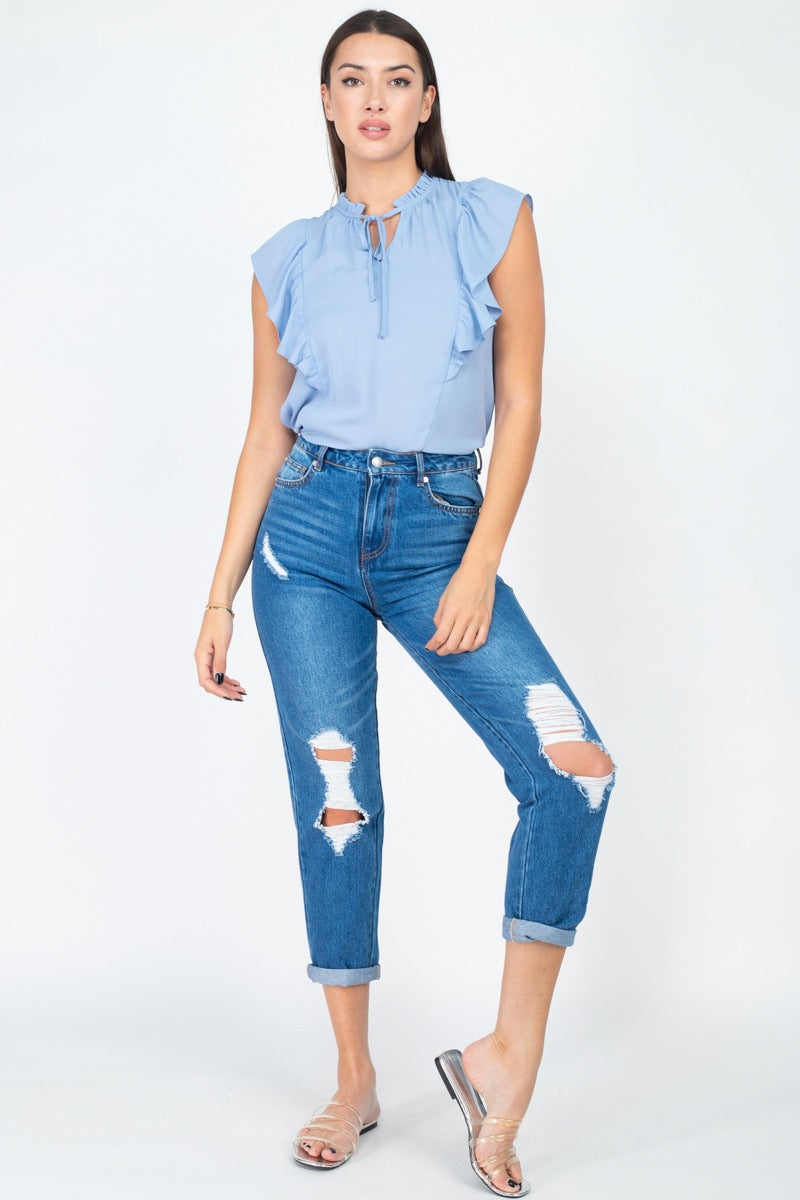 Ruffled Sleeves Mock Neck Top
