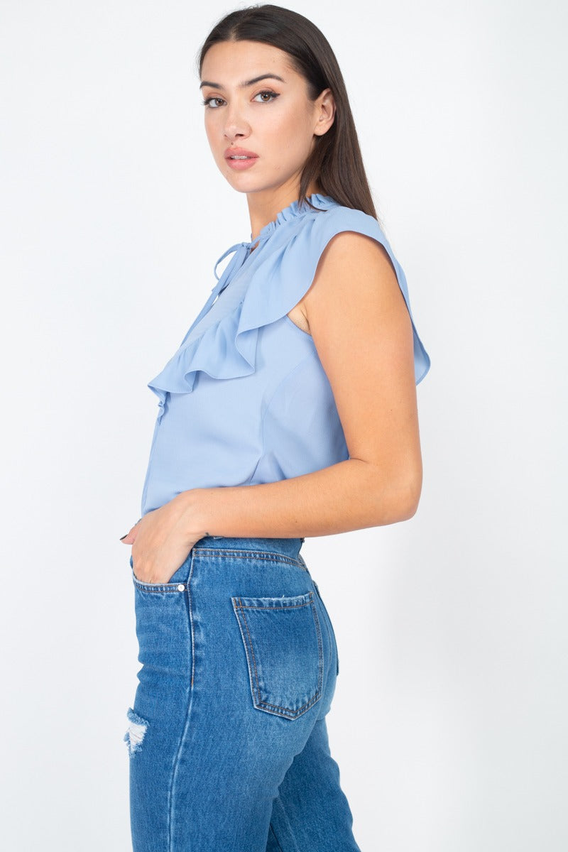Ruffled Sleeves Mock Neck Top