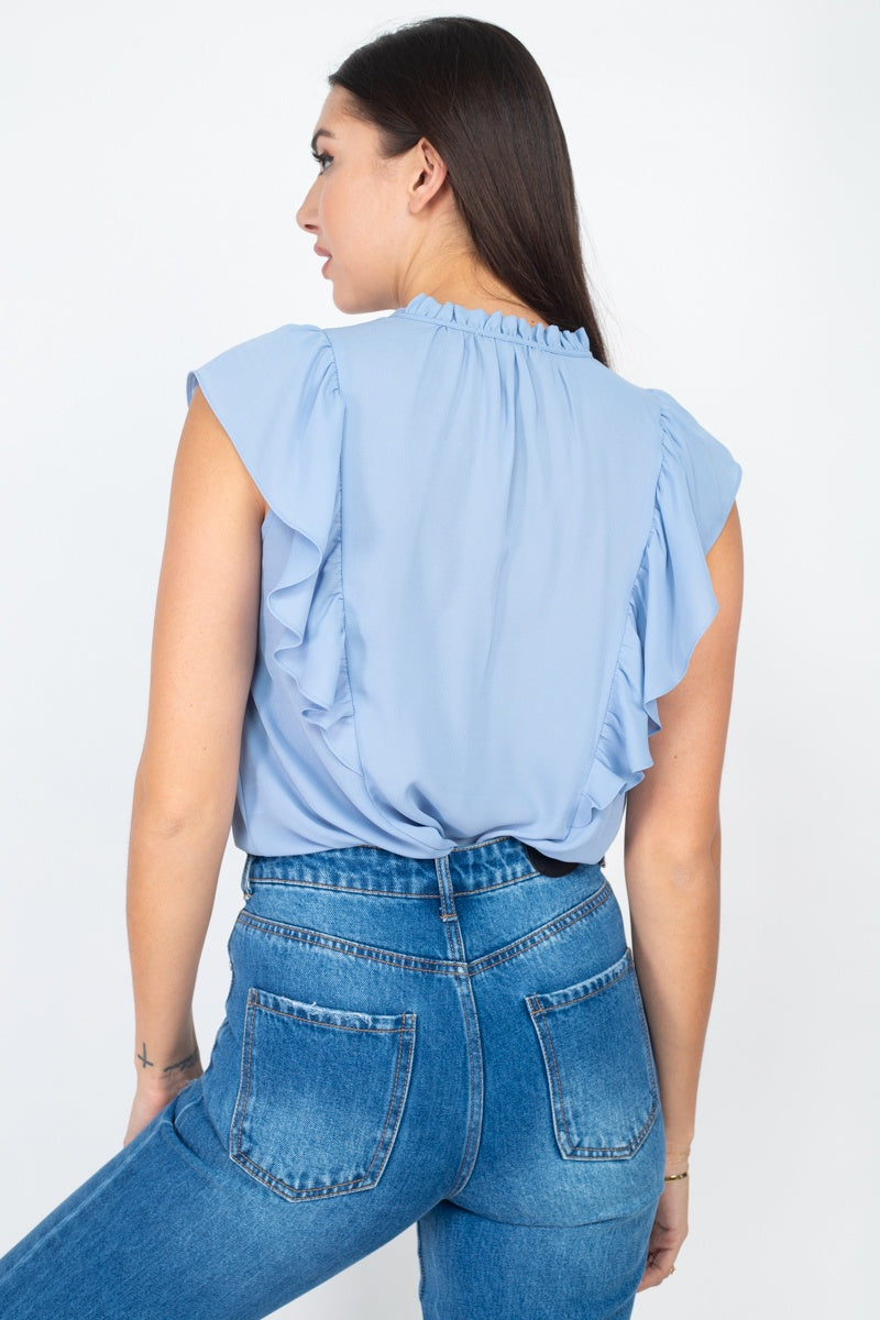 Ruffled Sleeves Mock Neck Top