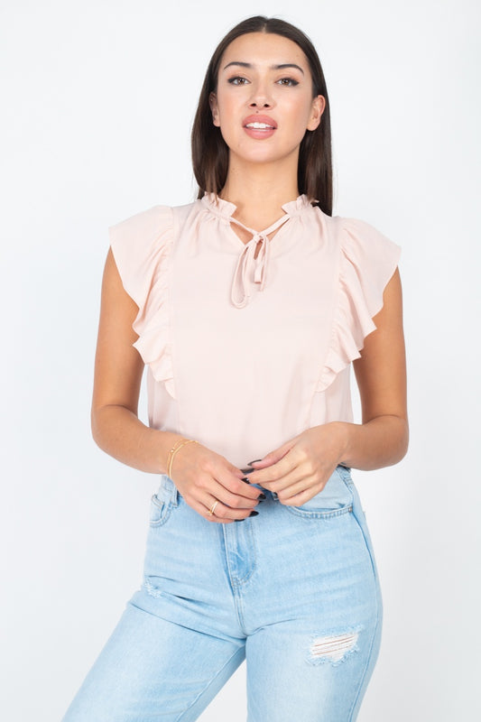 Ruffled Sleeves Mock Neck Top