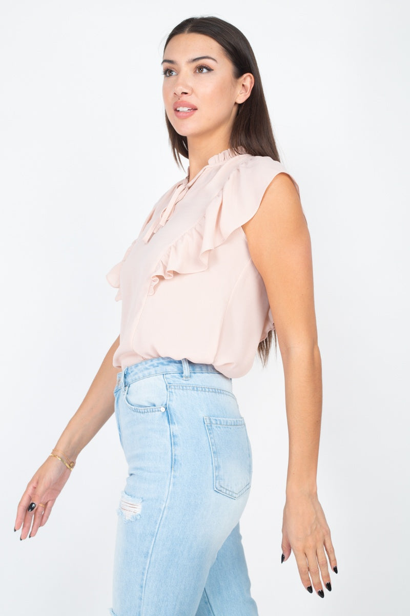 Ruffled Sleeves Mock Neck Top