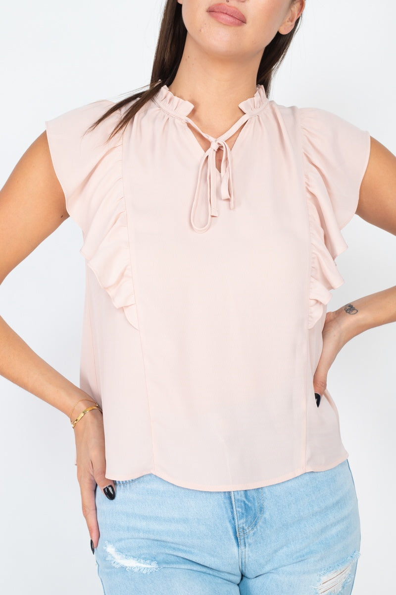 Ruffled Sleeves Mock Neck Top