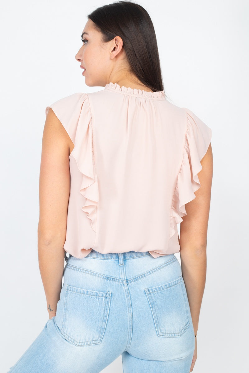 Ruffled Sleeves Mock Neck Top