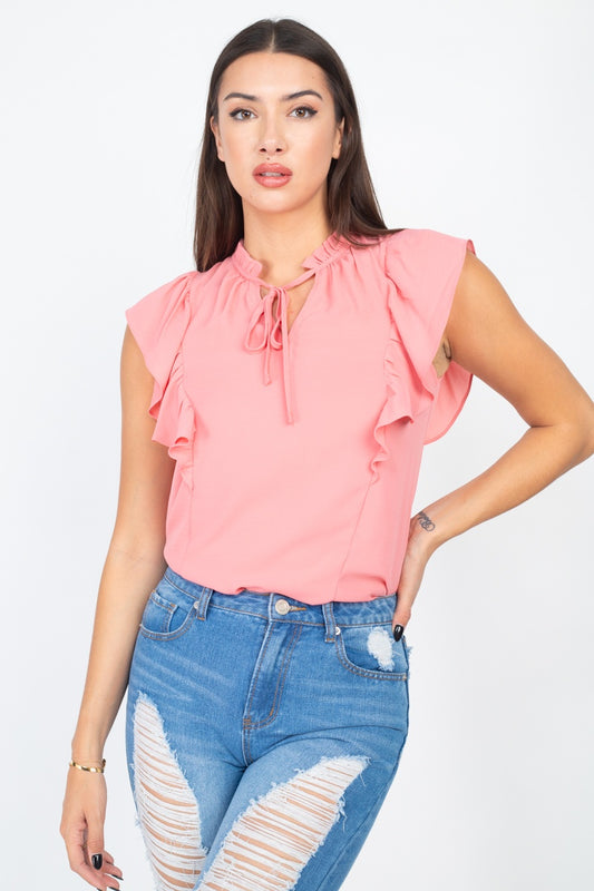 Ruffled Sleeves Mock Neck Top
