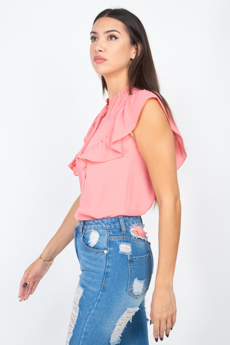 Ruffled Sleeves Mock Neck Top