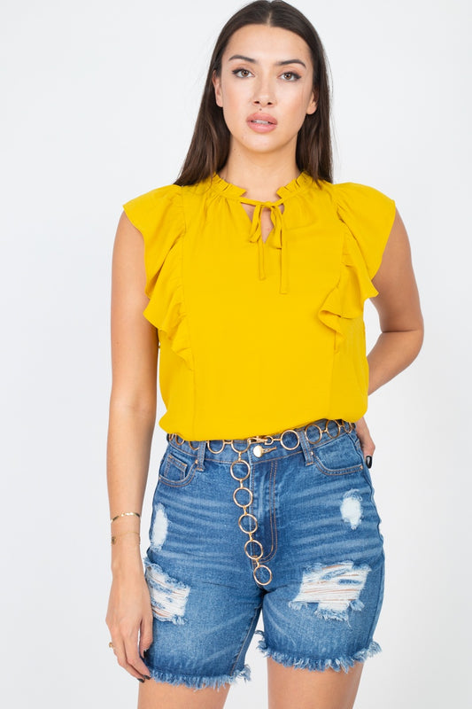 Ruffled Sleeves Mock Neck Top