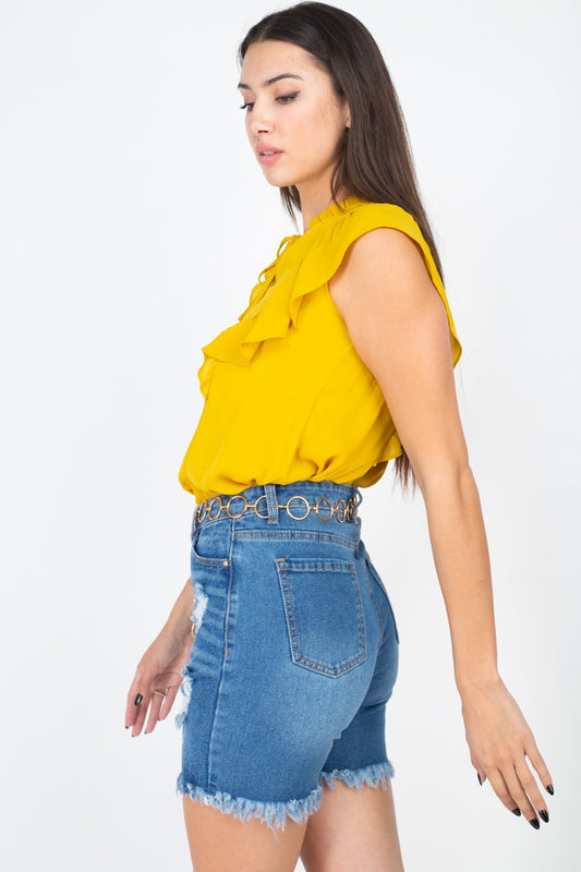 Ruffled Sleeves Mock Neck Top