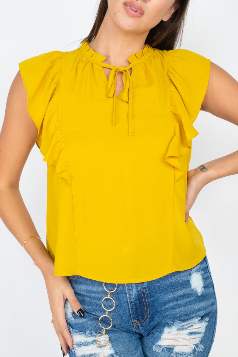 Ruffled Sleeves Mock Neck Top