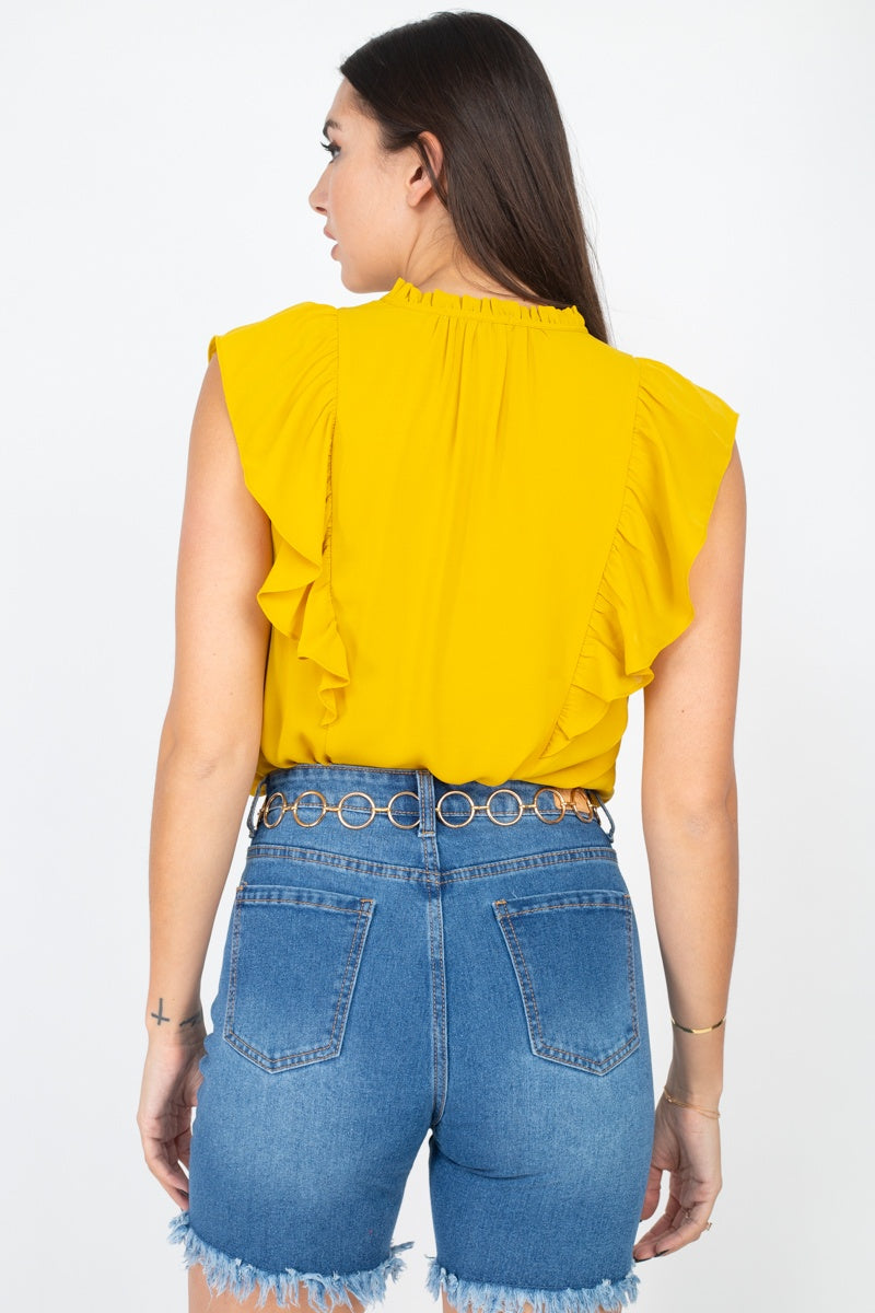 Ruffled Sleeves Mock Neck Top