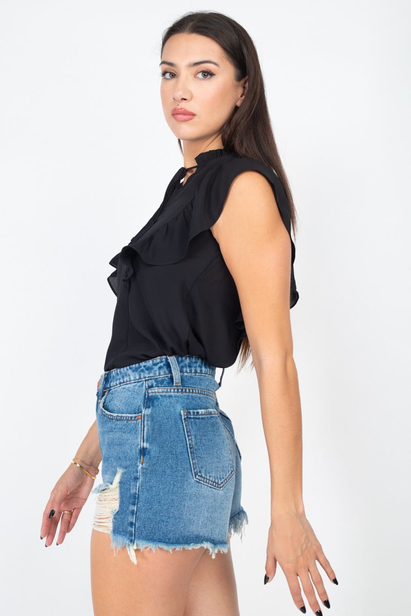 Ruffled Sleeves Mock Neck Top