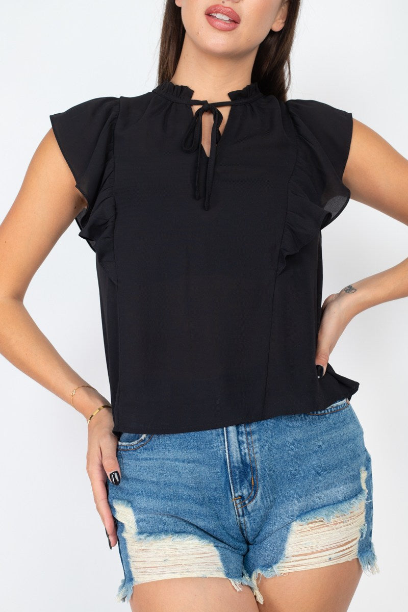 Ruffled Sleeves Mock Neck Top