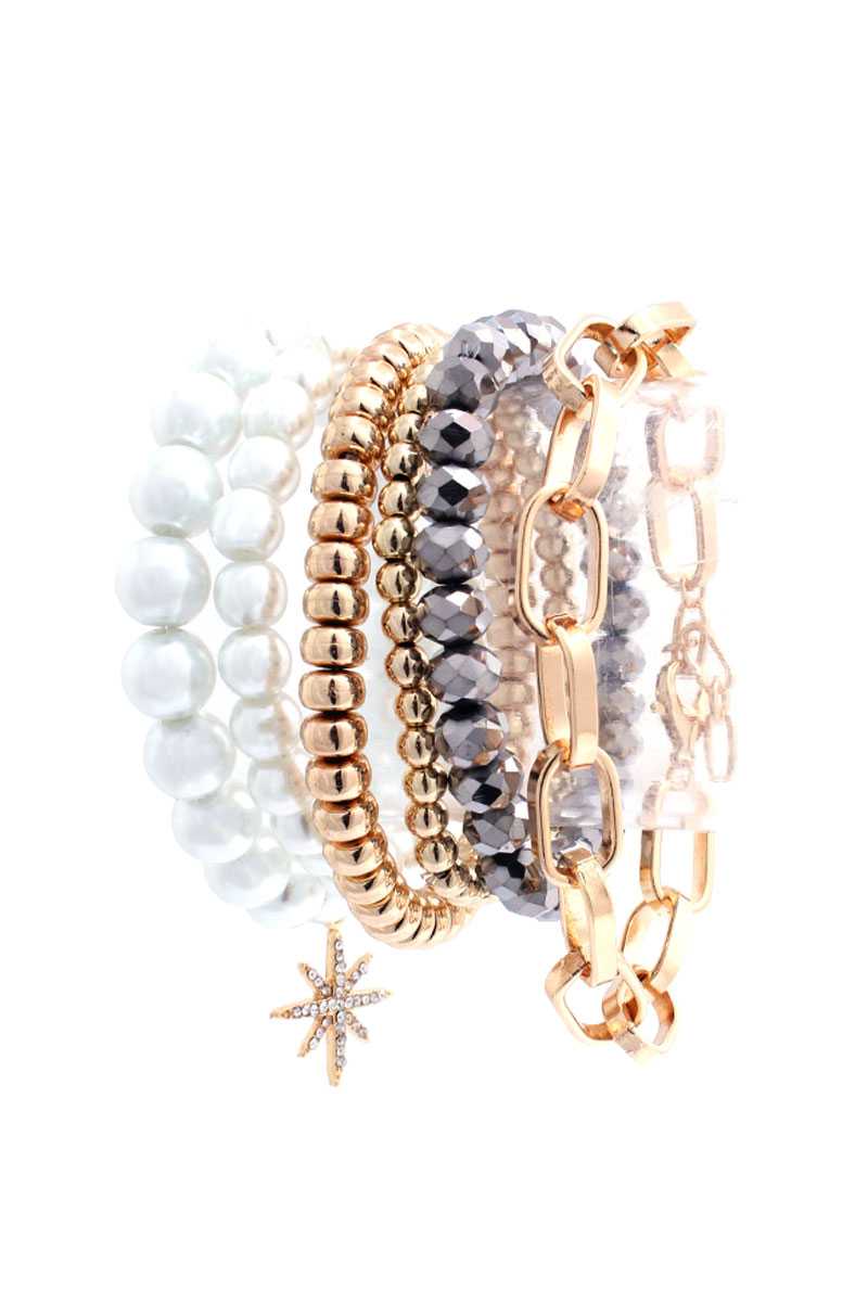 Pearl Metal Glass Stretch Bead Multi Bracelet 6 Pc Set