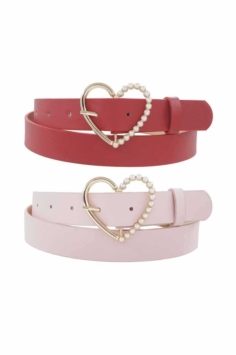 Half Pearl Pave Outline Heart Buckle Duo Belt
