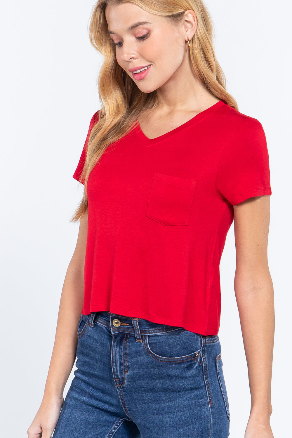 Short Slv V-neck W/pocket Crop Top