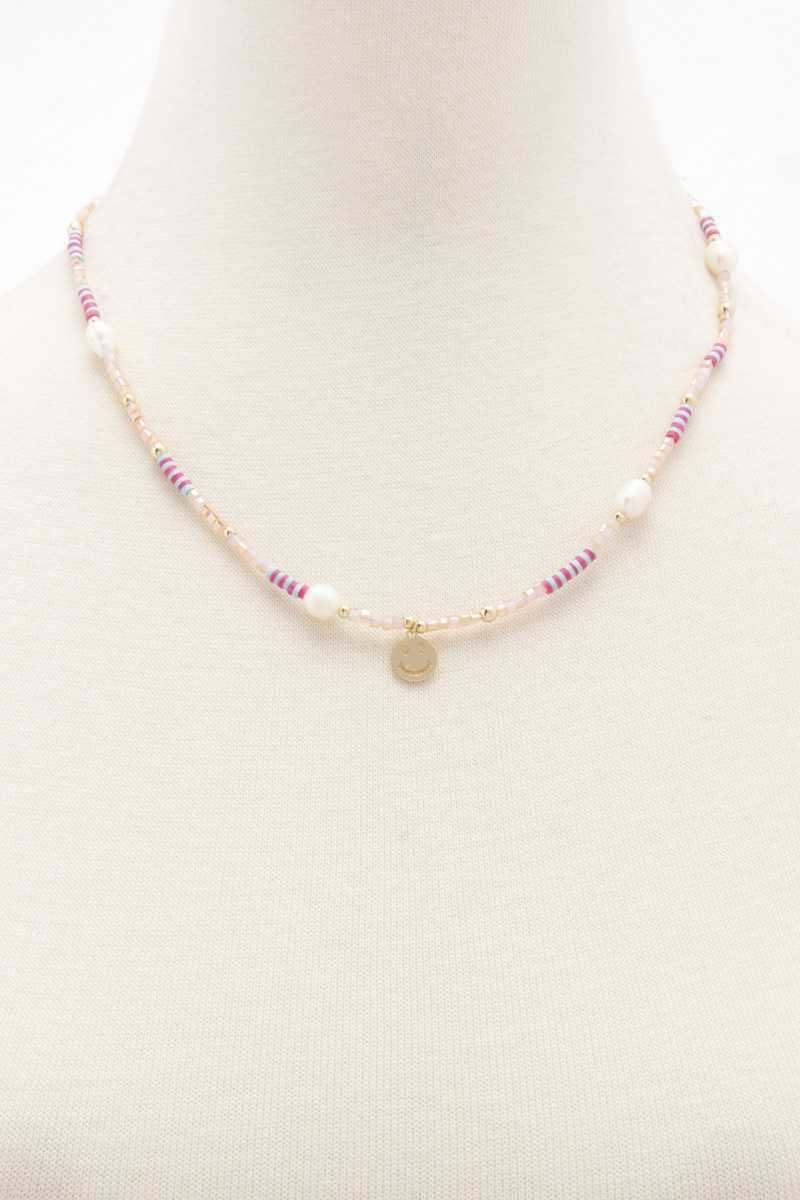 Happy Face Charm Pearl Beaded Necklace