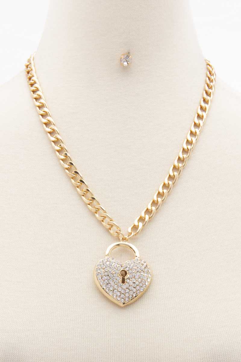 Rhinestone Heart Lock Curb Link Necklace