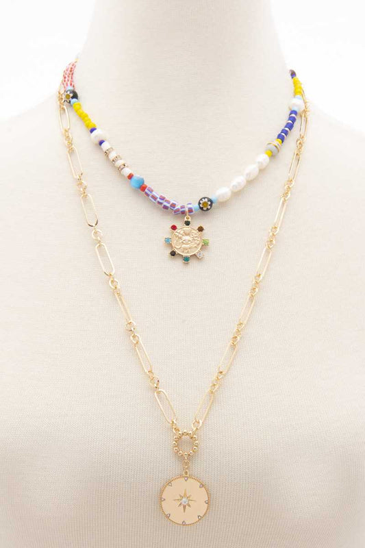 Northern Star Rubber Disk Figaro Link Layered Necklace