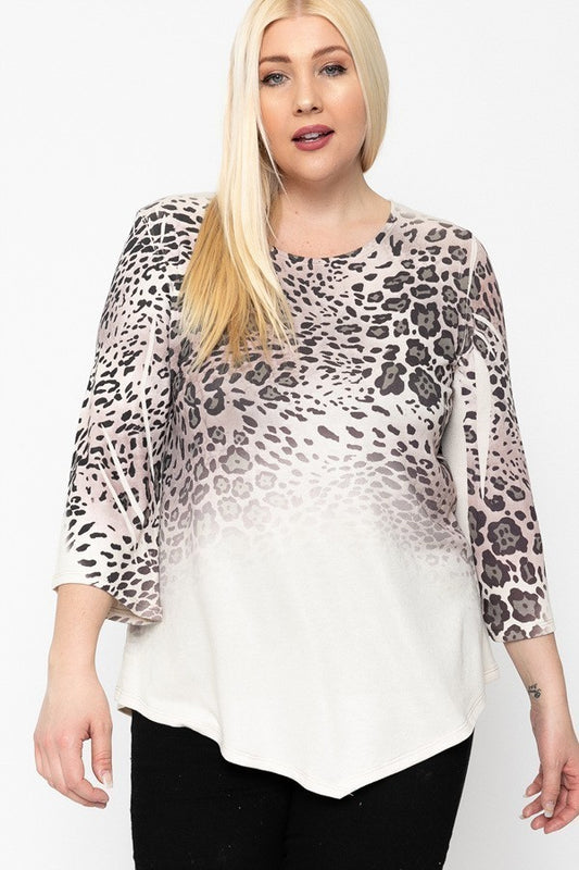 Cheetah Print Top Featuring A Round Neckline And 3/4 Bell Sleeves
