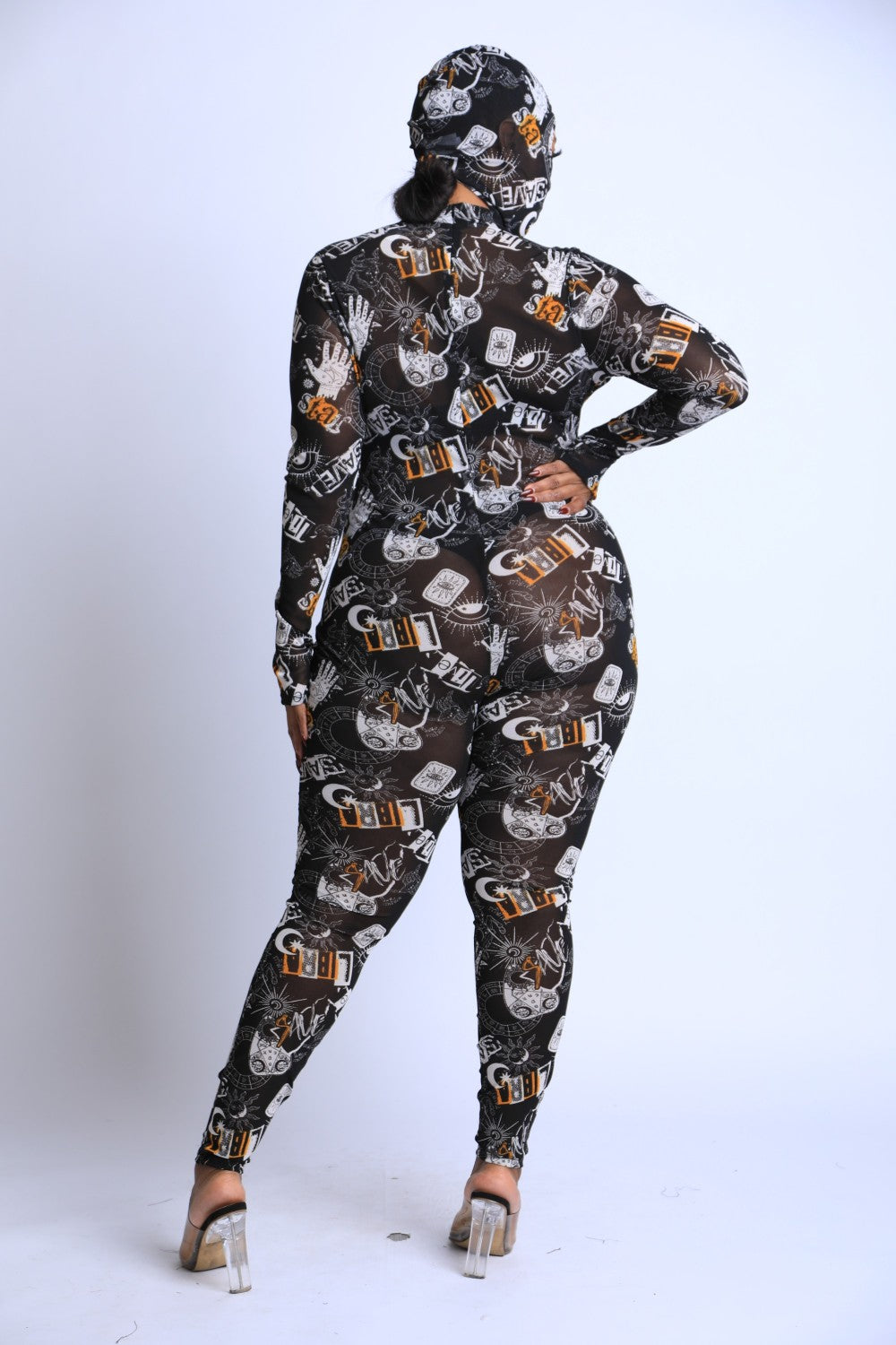 Printed Mesh Jumpsuit With Headpiece